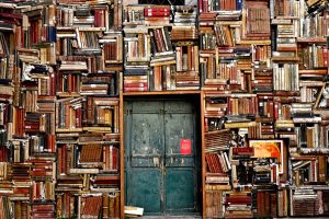 Parete di libri nei musei civici a Pesaro